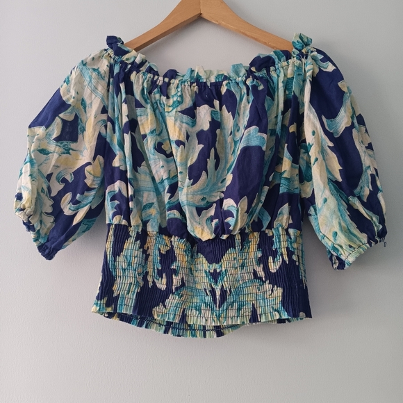 NWT Antica Sartoria Smocked Paisley Off Shoulder Puff Sleeve Cotton Top OS - Picture 2 of 7